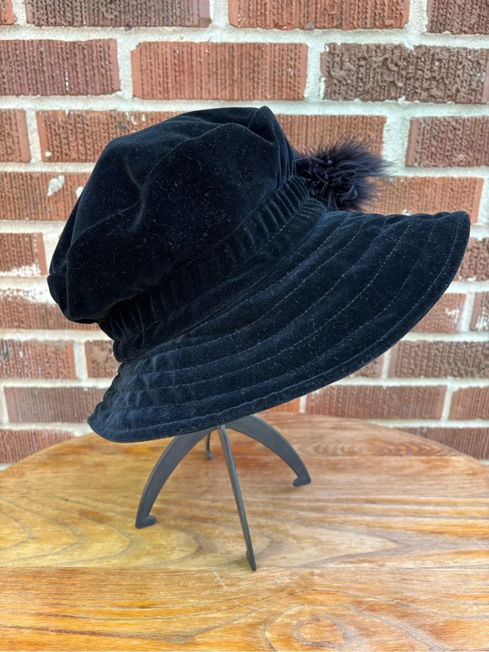 Betmar Black Vintage Velvet Cloche Ruched Bucket Style Feather Pom-Pom Hat